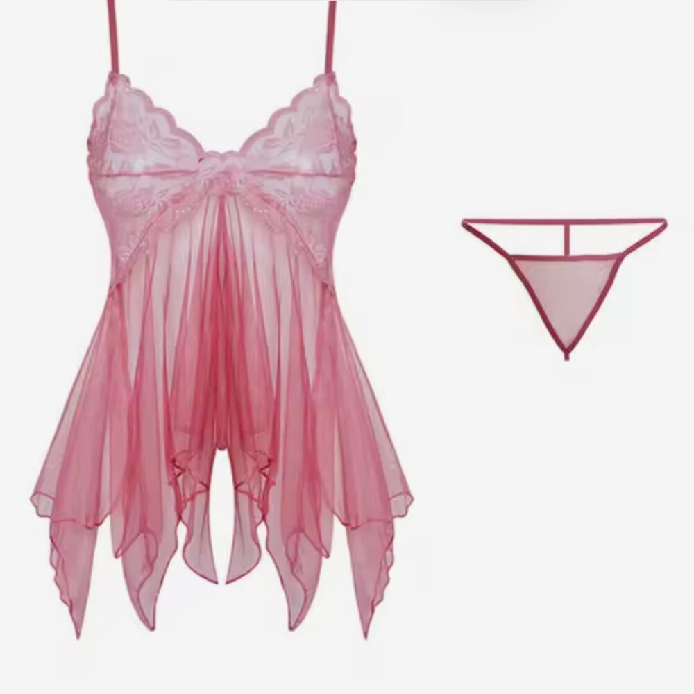 WOMENS LACED V-NECK SEMI TRANSPARENT THONG DRESS SET SIZE M